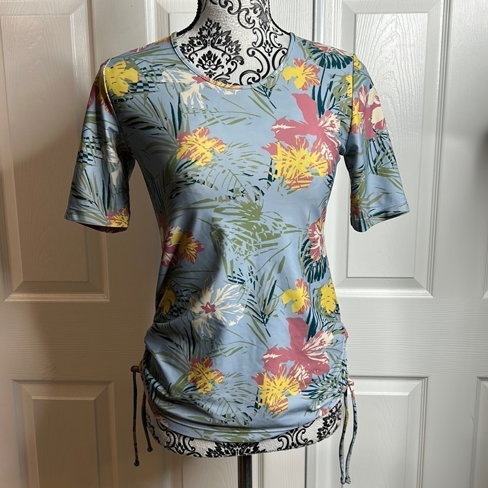 Modli Blue Pink Floral Tropical Swimsuit Top Sleeves‎ S